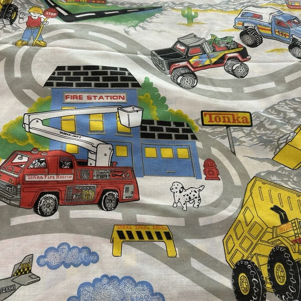 Vintage Tonka Truck Flat And Fitted Sheet Set Construction Planes Fire trucks